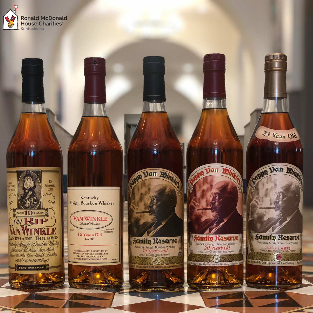 5-bottle flight of Pappy Van Winkle bourbon being raffled off for Ronald McDonald House